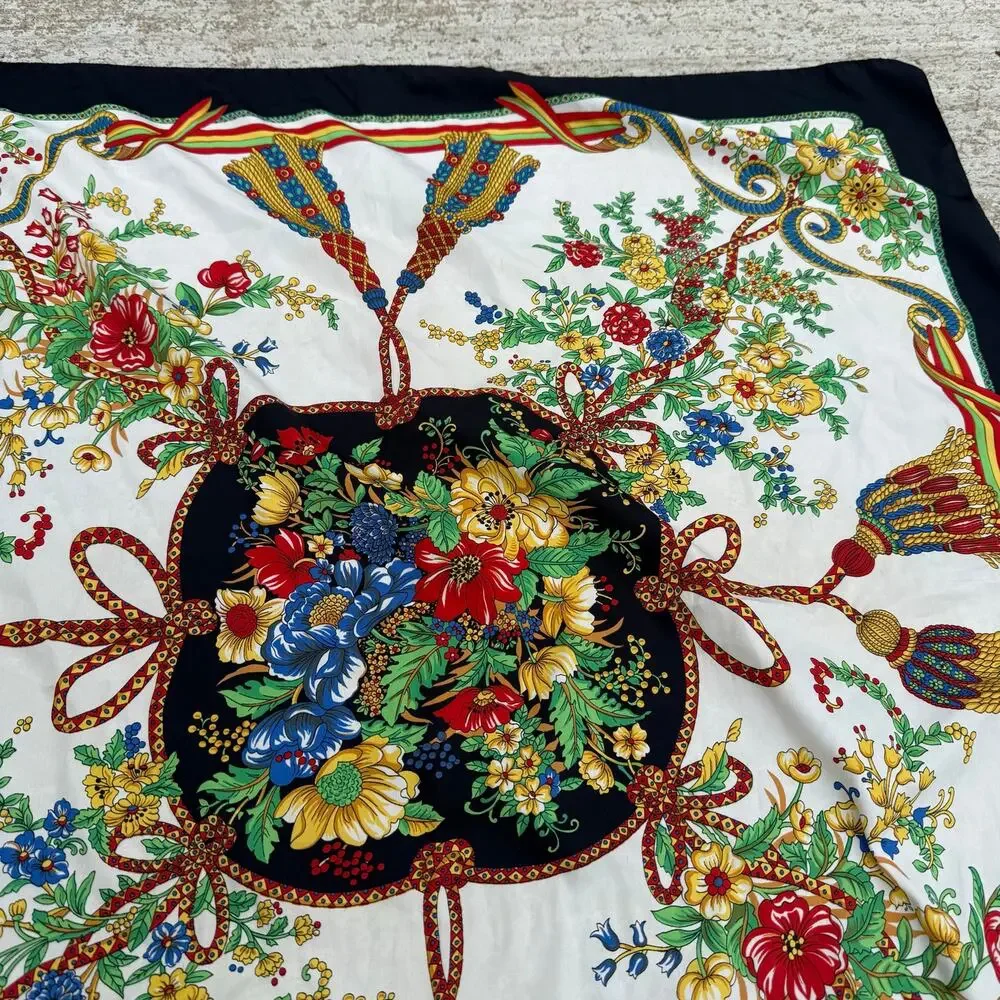 VTG Floral Bouquet Tassel Square Scarf Black White Multicolor Satin Silk Look